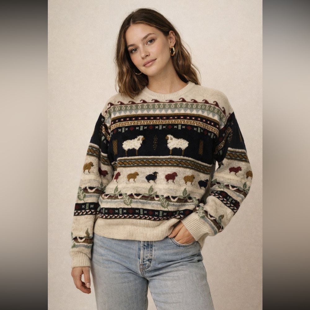 Vintage Woolrich Sheep Sweater M Silk Ramie Popcorn Stitch Oversized Novelty